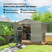 9 x 6FT Galvanised Garden Storage Shed with Sliding Door, Grey