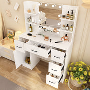 White Dressing Table Stool Makeup Desk with LED Mirror and 5 Drawers & 4 Shelves