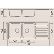 Sinkoro Inset Kitchen Sink 2 Double Square Bowl Stainless Steel Reversible Waste