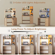 Home Office Desk with Hutch and Drawers Computer Desk with Power Outlets and LED