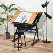 Art Craft Desk Drafting Table with 2 Drawers and Stool Height/ Tiltable Tabletop