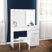 White Dressing Table with LED Lights Mirror Stool Drawers Vanity Makeup Desk Set