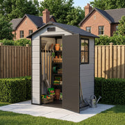 Small Plastic Garden Shed Apex with Floor Window Lockable Door Wood Grain Grey