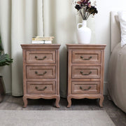 Pair of Solid Wood 3 Drawer Bedside Tables Rattan Raffia Bedroom