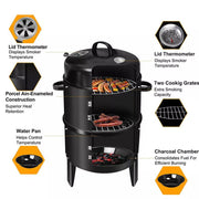 3 In 1 Charcoal Smoker BBQ Grill Patio Garden Camping Roaster with Thermometer