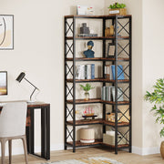 Corner Bookshelf, Large Modern Corner Bookcase with Metal Frame for Living Room