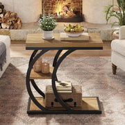 End Table for Living Room, 3-Tier Narrow Wood Couch C-Shaped Side Table, Natural