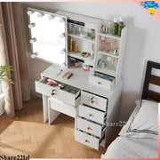 Dressing Table White Vanity Set Makeup Desk with Stool Mirror 6Drawer LED Lights