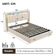 4FT6 Double Ottoman Bed Beige Linen LED USB Type-C Charging Storage Bed