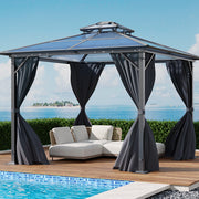 XL Hardtop Gazebo Garden Pavilion Metal Frame Polycarbonate Roof with Curtains