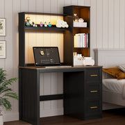 Home Office Desk with Hutch and Drawers Computer Desk with Power Outlets and LED