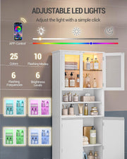 Kitchen Pantry Cupboard LED Tall White Storage Cabinet Glass Doors Shelves 170cm