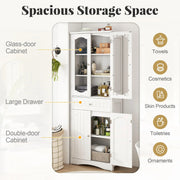 160cm Freestanding Linen Tall Bathroom Storage Cabinet 2 Glass Doors