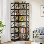Corner Bookshelf, Large Modern Corner Bookcase with Metal Frame for Living Room