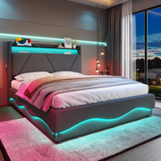 4FT6 Double Bed Frame !SALE! LED Hydraulic Storage USB Headboard Grey
