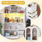 LED Kitchen Cupboard Tall Kitchen Cabinet w/ Glass Doors, Pantry Cupboard White