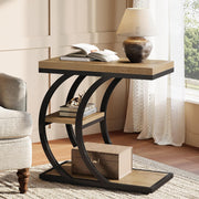 End Table for Living Room, 3-Tier Narrow Wood Couch C-Shaped Side Table, Natural