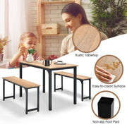 3 PCS Natural Table Set Dining Table & 2 Benches Kitchen Space-Saving Furniture