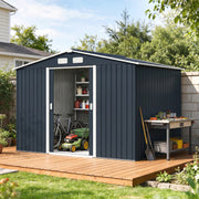 9 x 6FT Galvanised Garden Storage Shed with Sliding Door, Dark Grey
