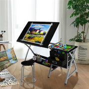 Drawing Table Adjustable Drafting Table Tiltable Table Desk W/ Stool 3 Drawer