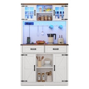 White Tall Kitchen Pantry Cabinet Highboard LED Lights Barn Doors 2 Drawers