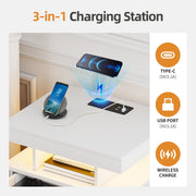 Bedside Table with Charging Station, Smart End Table with 3-Colour LED Lights