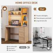 Home Office Desk with Hutch and Drawers Computer Desk with Power Outlets and LED