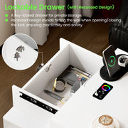 LED Bedside Table with Hidden Drawer , Smart End Table with Charging Station