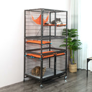 Metal Cat Cage, 4-Tier Small Animal Cage with Wheels, Cat House with Hammock