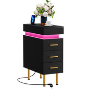 LED Bedside Table 3 Drawers Storage Cabinet Slim Nightstand w/Charging Station✅