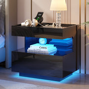Bedside Table Hidden Drawer 3 Colour LED Motion Sensor USB & Type-C Charging