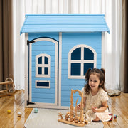 Large Wooden Playhouse with Doors, Windows, Apex Roof for Kids Children- Blue UK