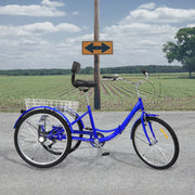 24 Inch Adult Trike Tricycle Foldable 3 Wheel Bike 7-Speed With Basket Blue UK
