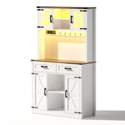 White Tall Kitchen Pantry Cabinet Highboard LED Lights Barn Doors 2 Drawers