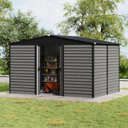 12x8FT Galvanised Garden Storage Shed with Sliding Door & Foundation, Grey Grain