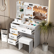 Dressing Table Makeup Desk 10 LED Lights Mirror 6 Drawers & Stool Set Vanity