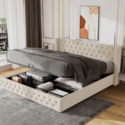 Ottoman Bed Gas Lift Storage Bed 4ft6 Double Bed Frame Velvet Upholstered Beige