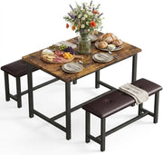 Kitchen Dining Table Set 3 Piece with 2 Upholstered Benches Space Saving Design