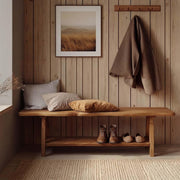 55 Inch Farmhouse Solid Wood Entryway Bench with Open Storage Shelf for Hallway