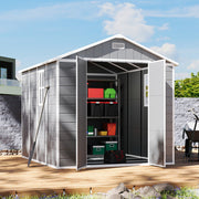 Grey Plastic Outdoor Storage Shed 8x8 FT with Double Windows for Tool Bike Store