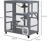 Cat Cage House Catio Indoor Enclosure on Wheels Fir Wood Grey 3 Levels