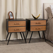 Pair of Mid-Century Modern Wood & Black 2 Drawer Bedsides - Industrial Range