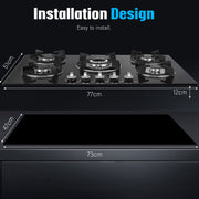 OYAJIA 77cm Black 5 Burner Gas On Glass Hob With Cast Iron Pan Stands