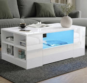 White High Gloss Rectangular Coffee Table LED Lights Storage 2 Drawers 95x55