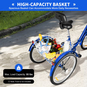 24 Inch Adult Trike Tricycle Foldable 3 Wheel Bike 7-Speed With Basket Blue UK