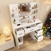 White Dressing Table Stool Makeup Desk with LED Mirror and 5 Drawers & 4 Shelves