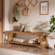 63-Inch Farmhouse Solid Wood Entryway Bench with Shoe Storage Shelf for Hallway