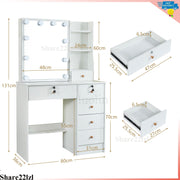 Dressing Table White Vanity Set Makeup Desk with Stool Mirror 6Drawer LED Lights