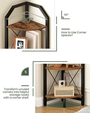 Corner Shelf 5 Tier Industrial Bookshelf & Display Storage Stand Rustic Brown