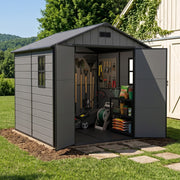 8x8FT Plastic Garden Shed Outdoor Tool Storage House with Floor & Lockable Doors